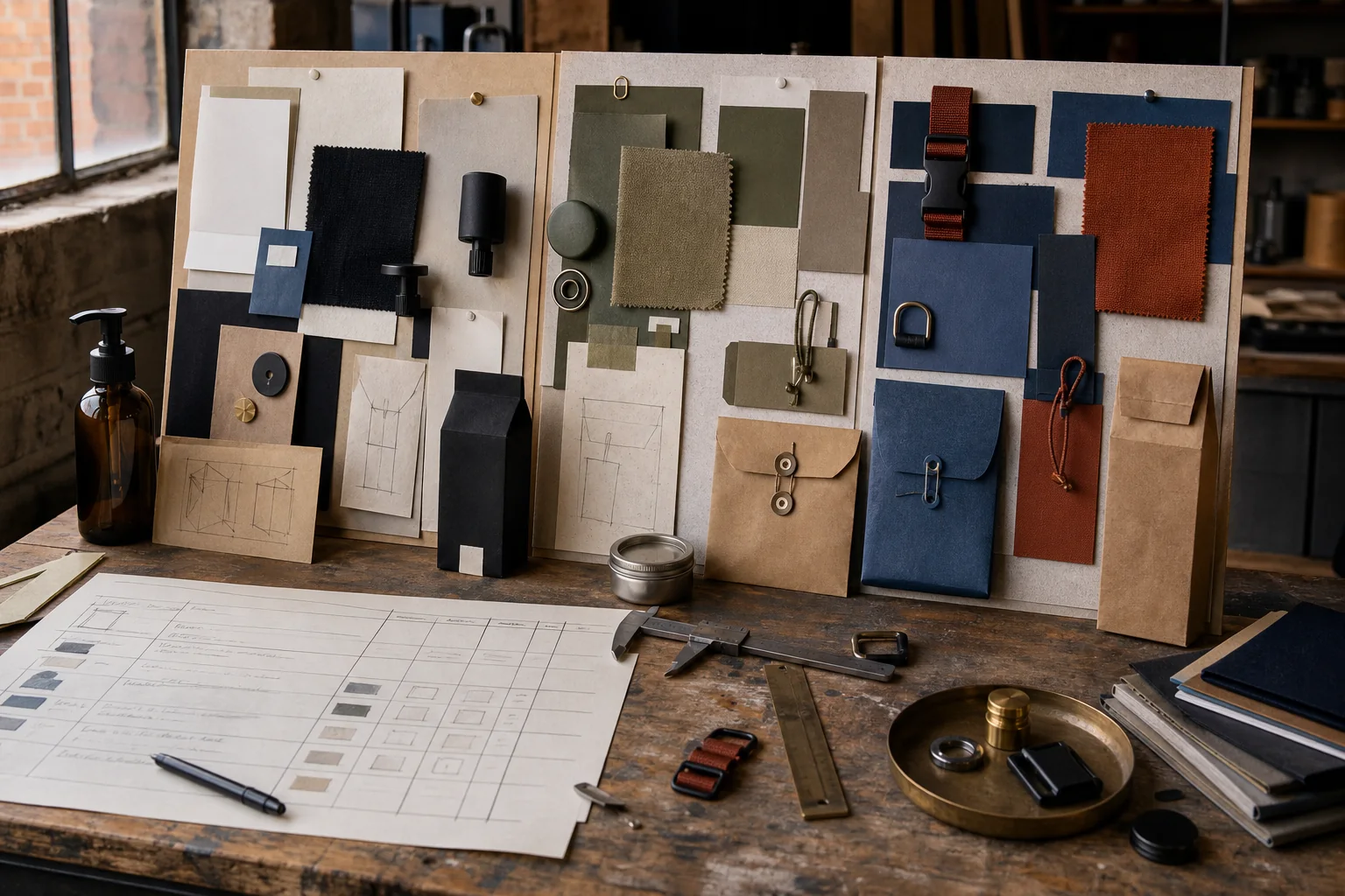 Concept image of material samples and neutral packaging studies