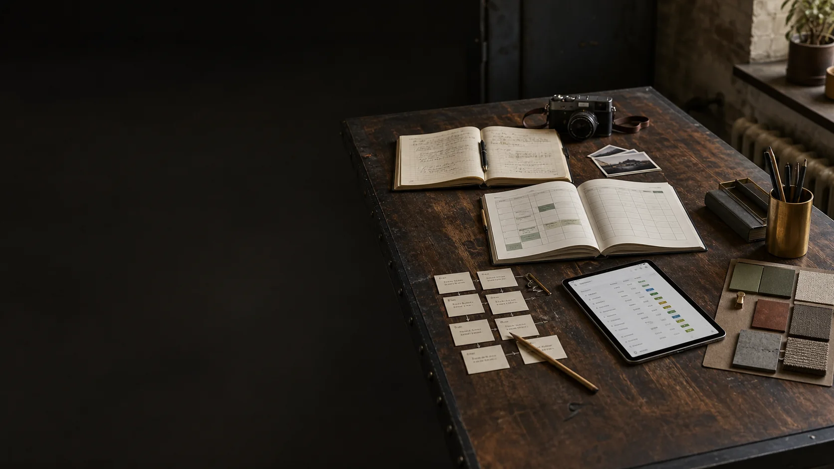 Illustrative worktable holding media, learning, service, digital, and goods materials