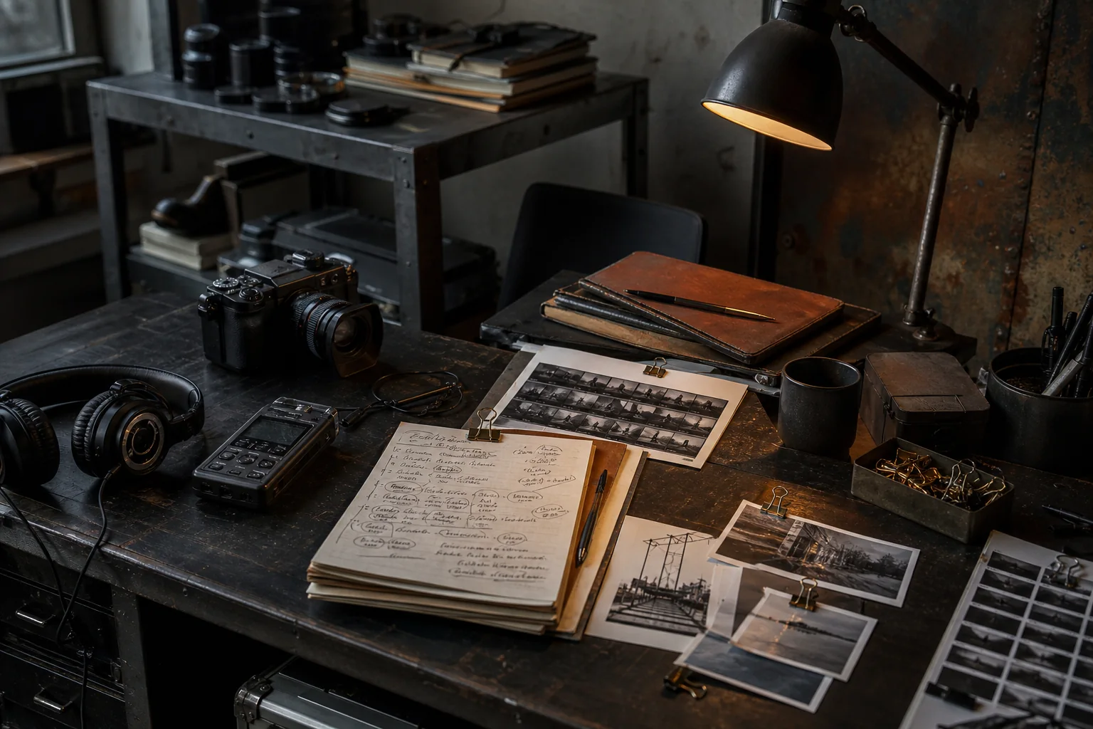 Illustrative Method Media workbench with a camera, editing notes, and publication materials