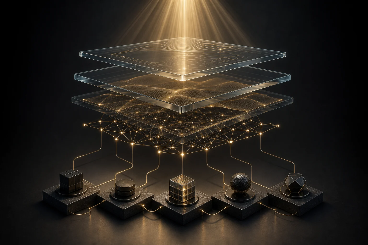 Abstract glass workflow panels representing a reviewable automation system